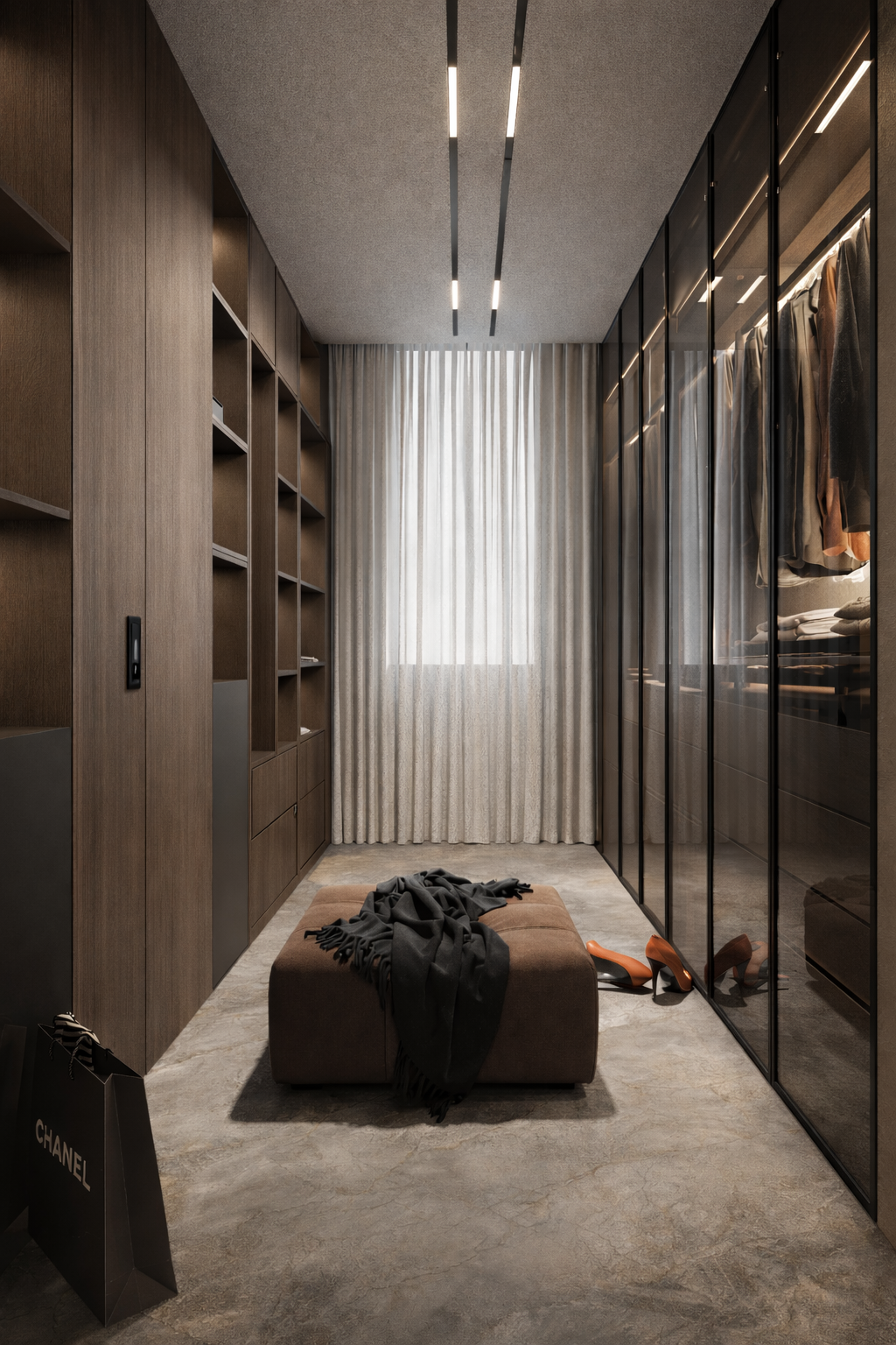 Perspective d’un dressing avec des rangements en bois et en verre sombre