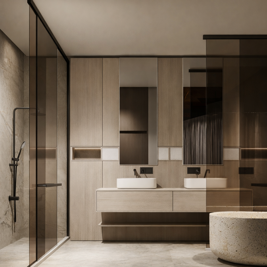 Ambiance de salle de bain en pierre claire avec une double vasque suspendue