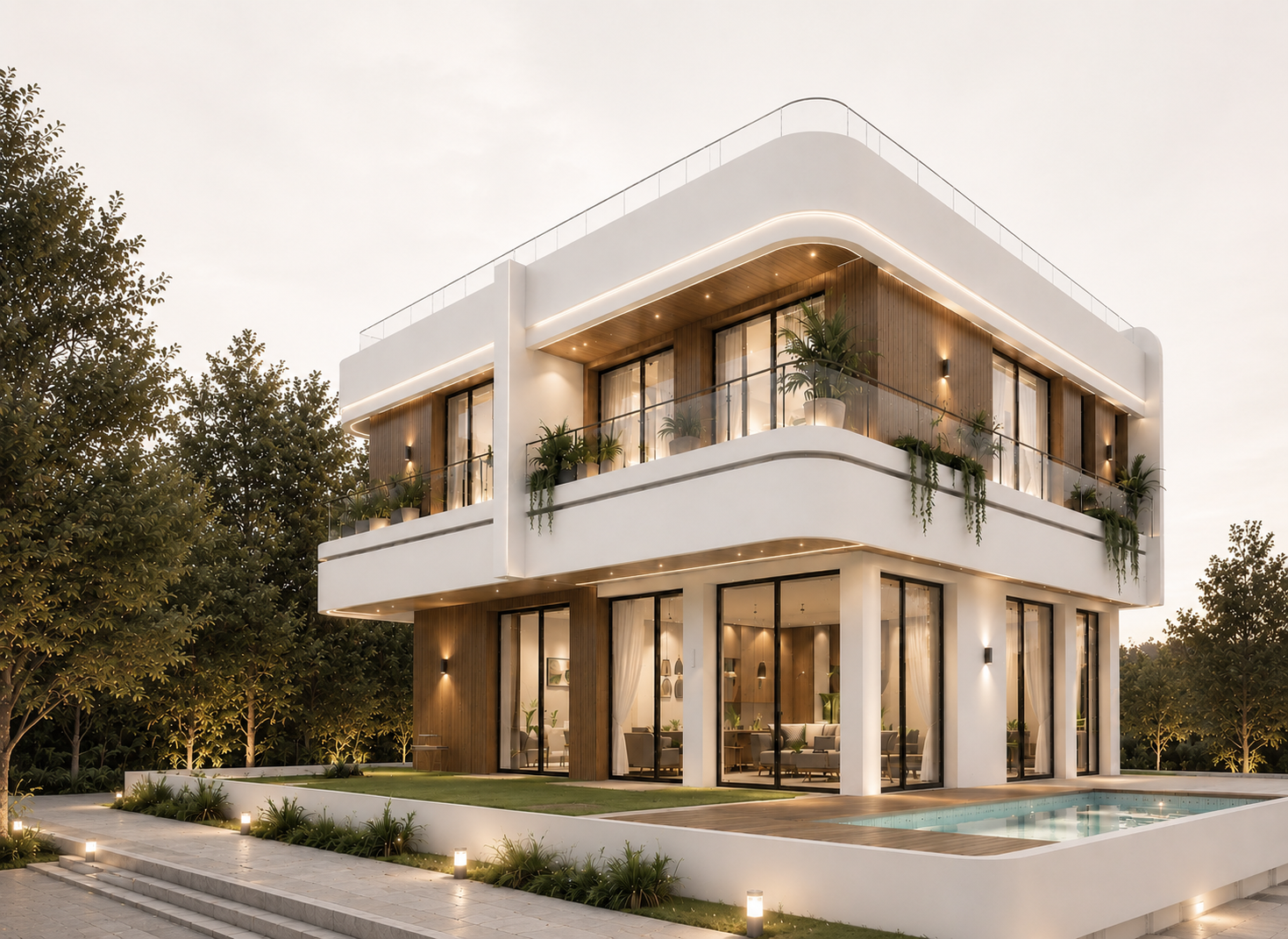 Villa contemporaine aux façades blanches arrondies, grandes baies vitrées et balcons plantés, ouverte sur un jardin avec piscine.