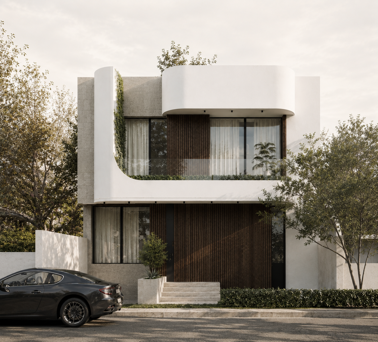 Perspective d’une villa contemporaine aux lignes courbes et au parement de bois