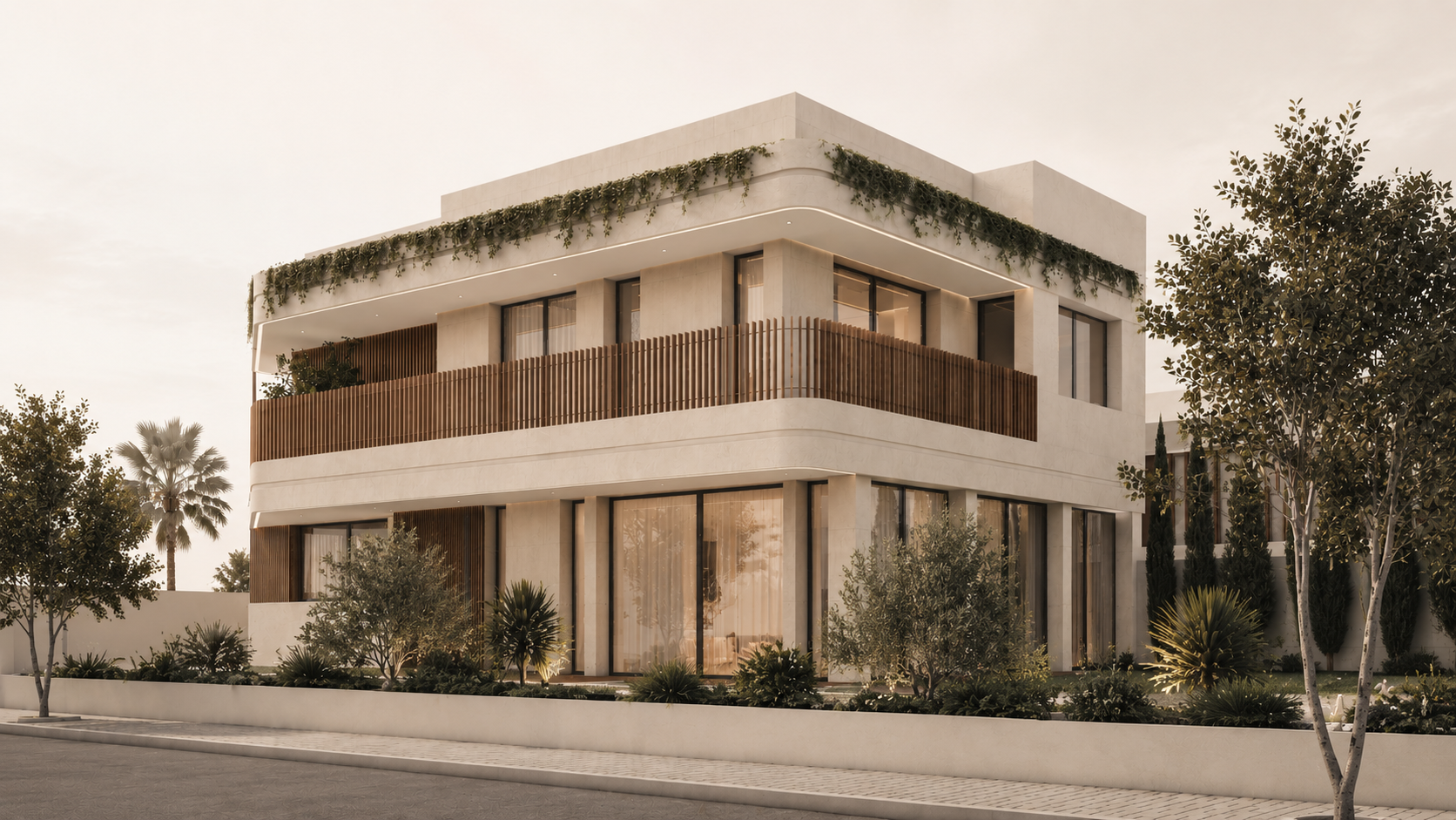 Villa aux façades claires, balcon bordé de lames de bois et végétation retombante, entourée d’un jardin arboré.