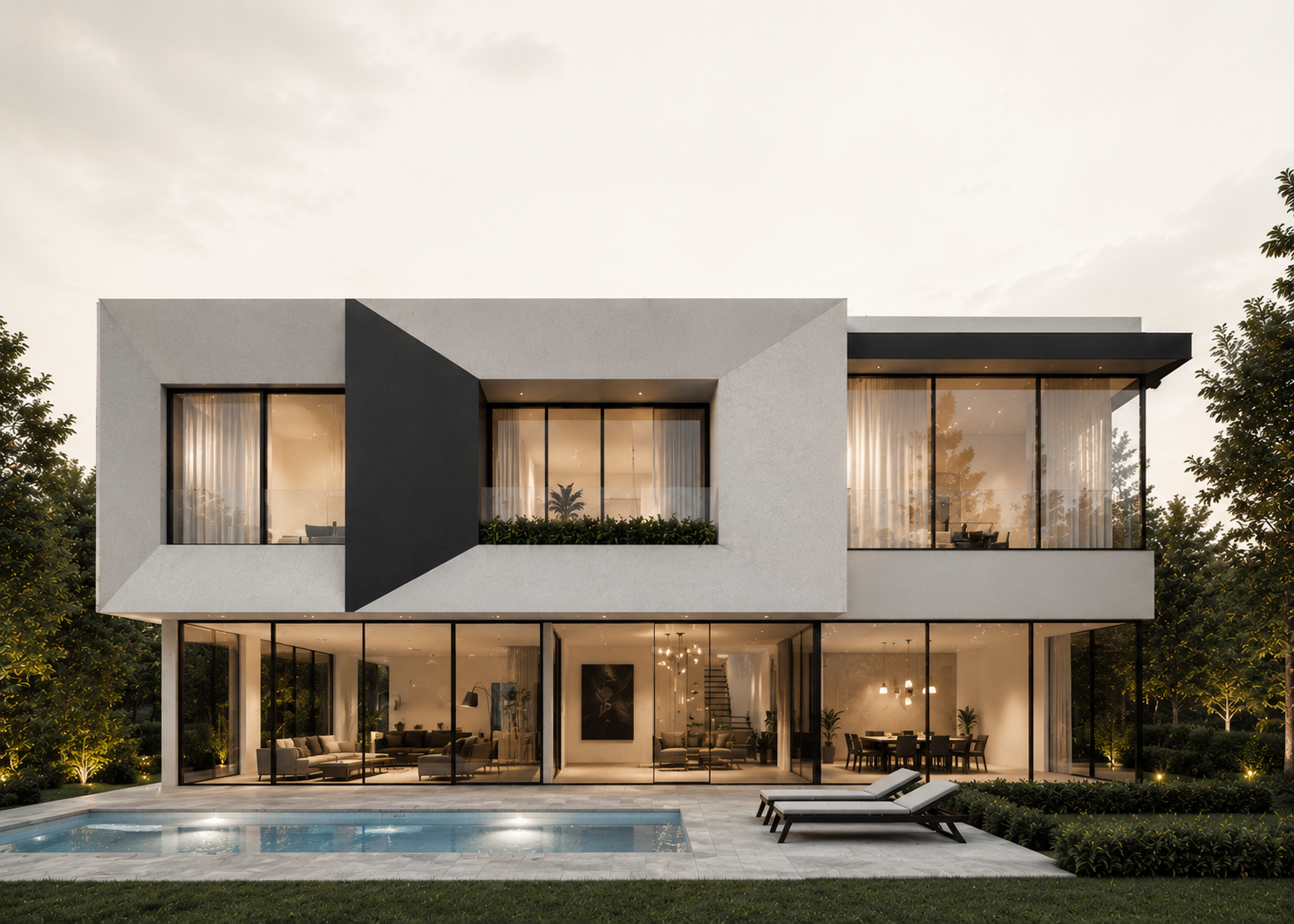 Perspective d’une villa contemporaine aux volumes blancs et anthracite, ouverte sur un jardin et une piscine
